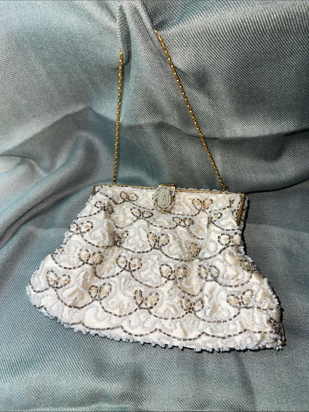 Vintage White Heavily Beaded Evening Handbag Gold Frame & Wristlet Chain